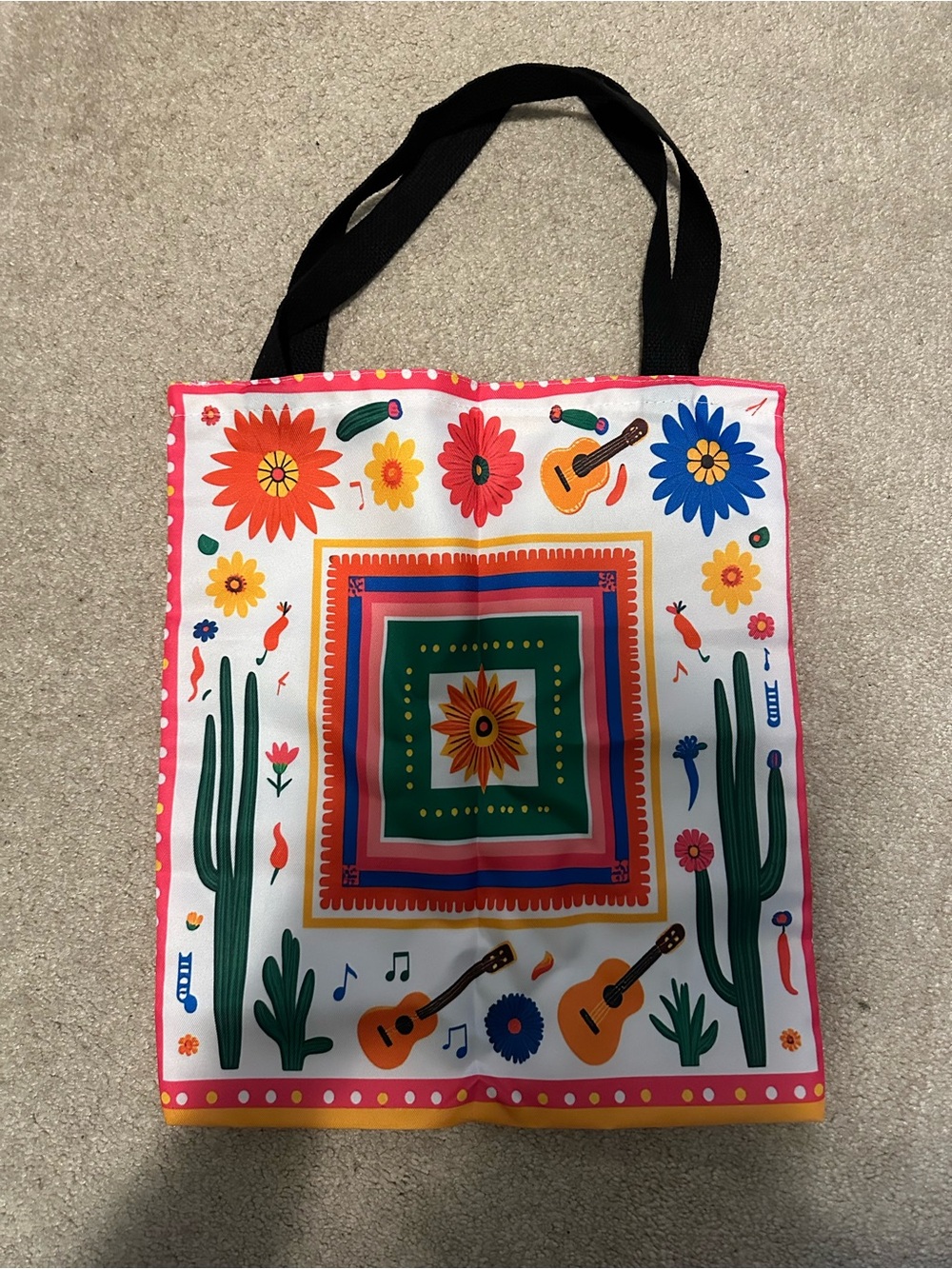 Floral Cactus Guitar Printed Tote Bag - Pink White